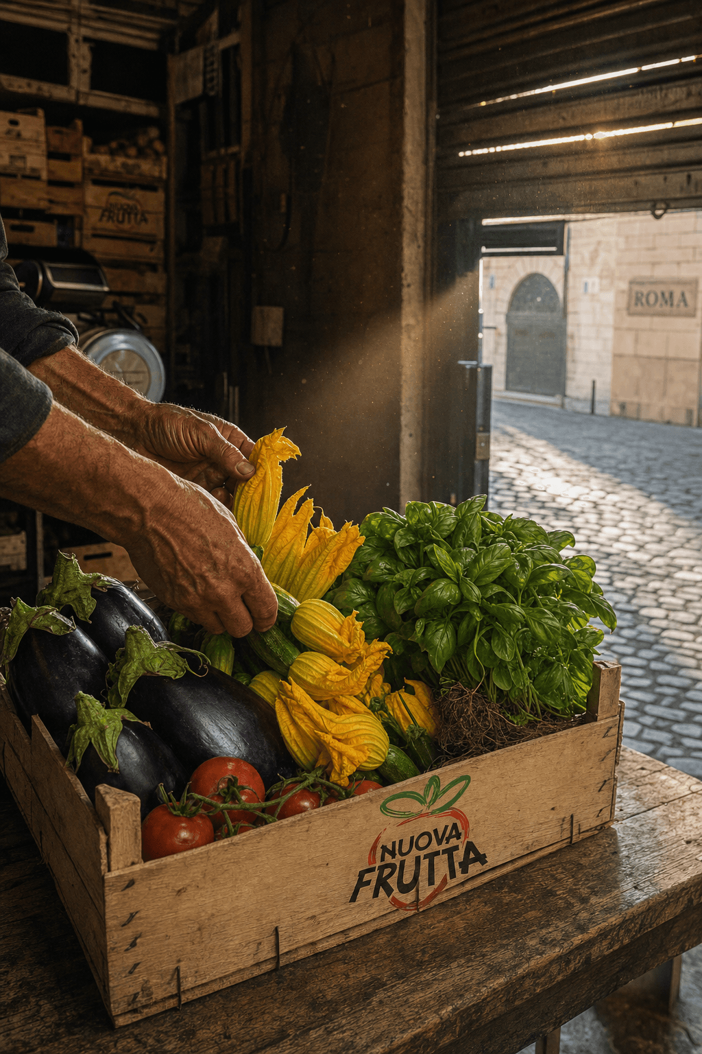 Early morning at Nuova Frutta warehouse: a wooden crate of fresh summer produce including eggplants, zucchini flowers, San Marzano tomatoes, and basil, bathed in golden Roman sunlight streaming through a half-open shutter.