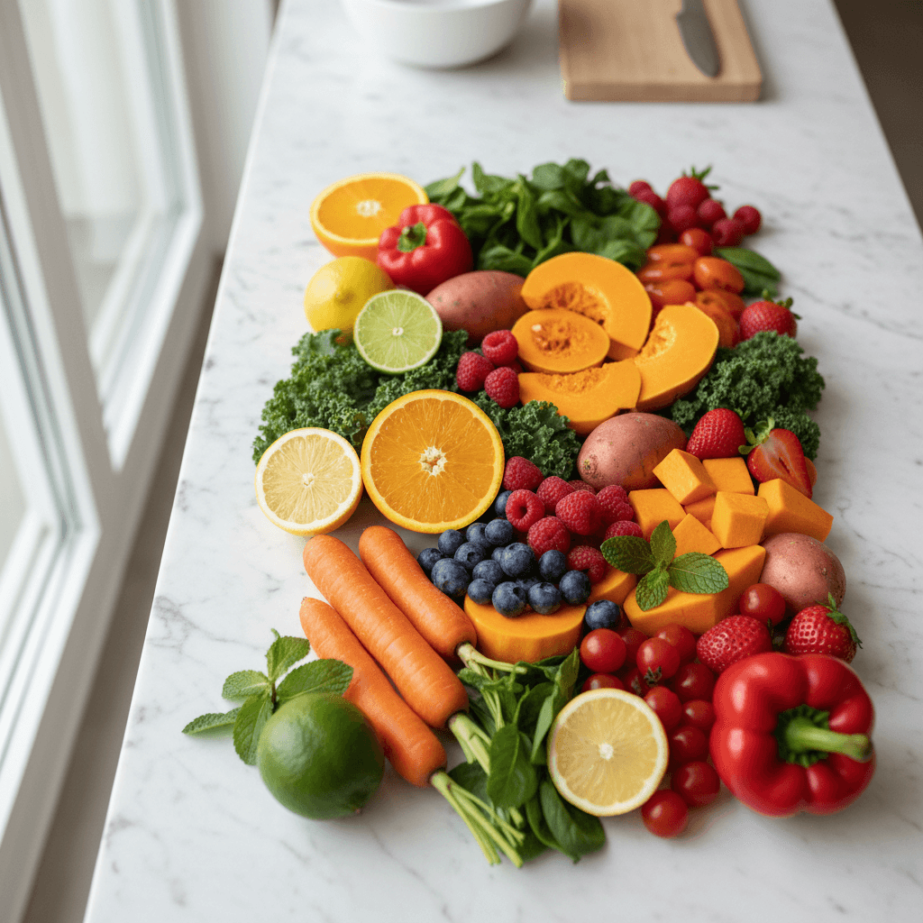 Overhead arrangement of colorful fresh fruits, vegetables, and greens on white marble surface