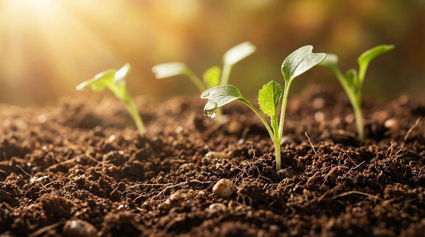 Close-up of green seedlings sprouting from moist soil with sunlight creating warm shadows across textured earth.