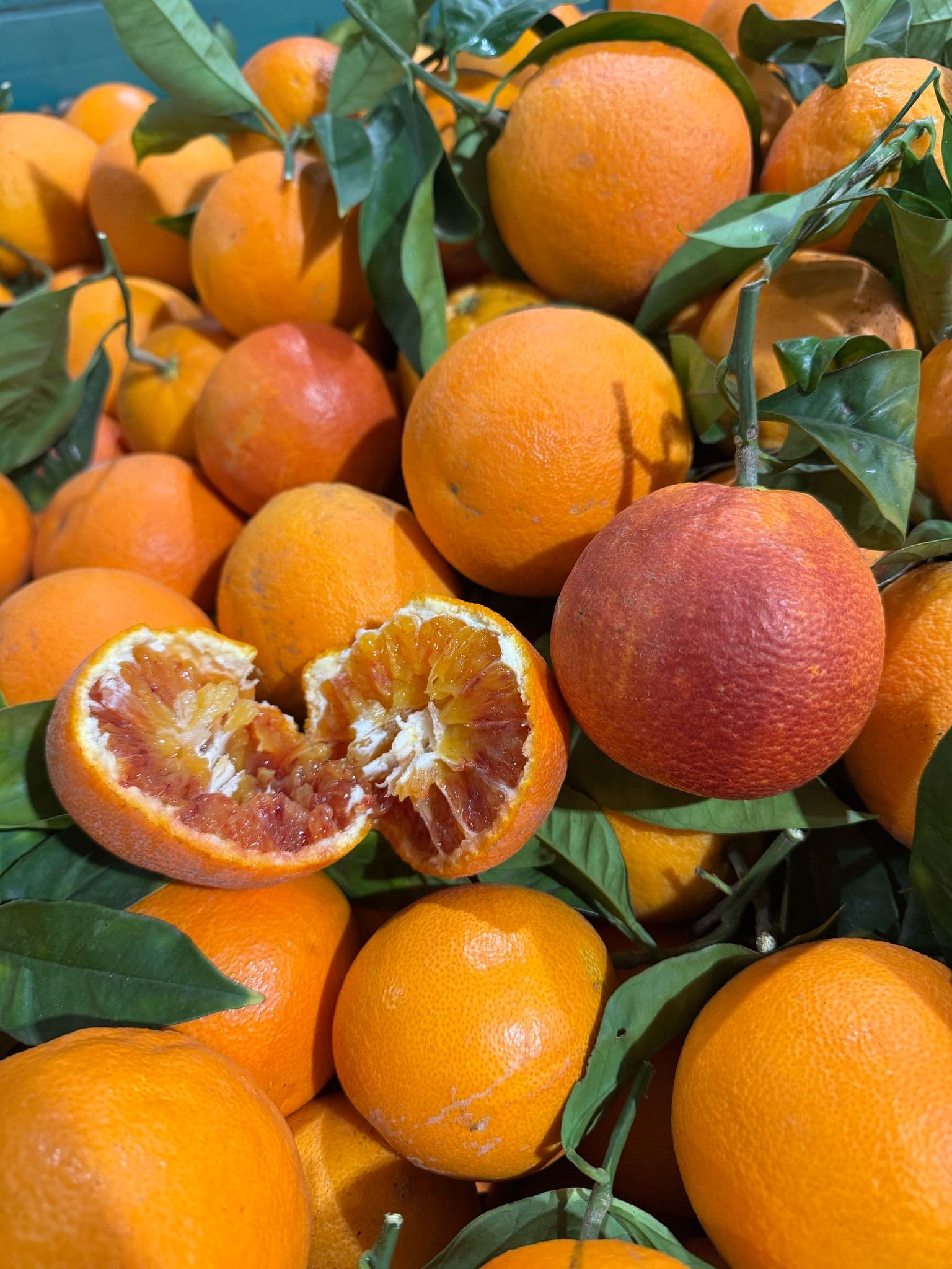 Mucchio di arance fresche con foglie verdi, una aperta mostra la polpa rossa intensa.